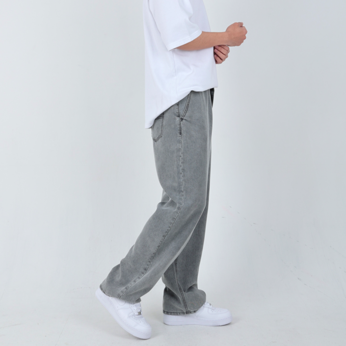 남성용 워싱 청바지 뒷밴딩 세미 와이드 루즈핏 일자 데님 팬츠
