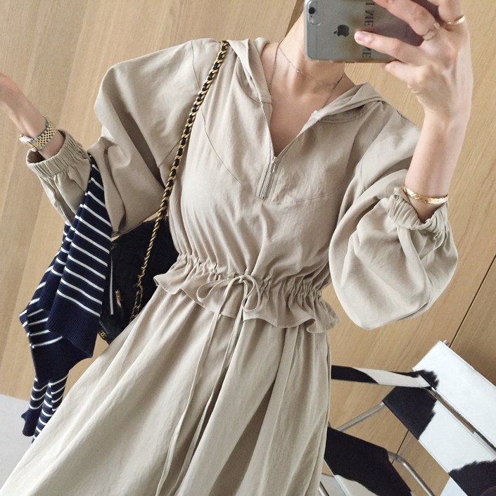 아이미마인 우드 지퍼 아노락 허리스트링 면 A라인 루즈핏 롱원피스 3color