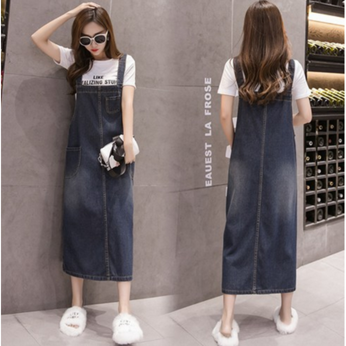 여성용 기본 멜빵 데님 원피스