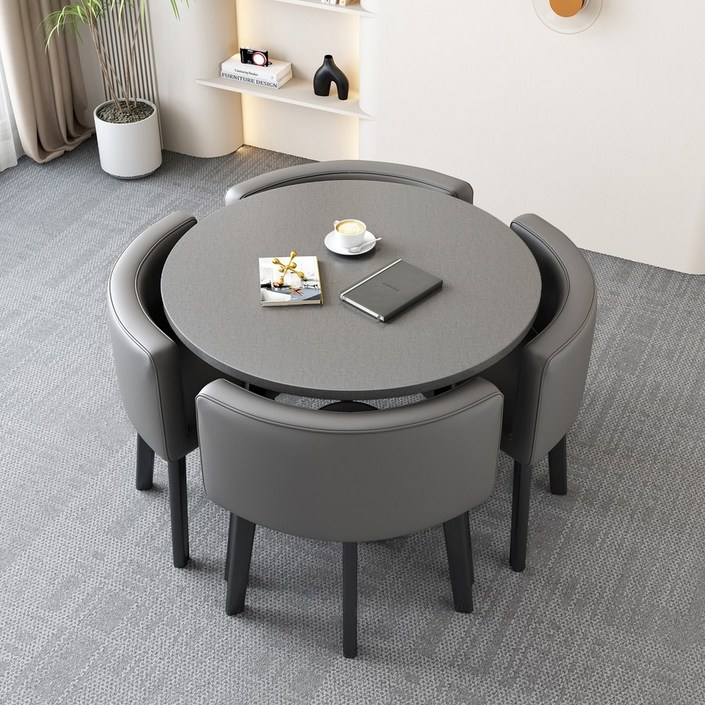 돌시네아 튼튼한 4인용 식탁 확장형 사무실 거실 테이블, 그레이 라운드 (의자 포함)