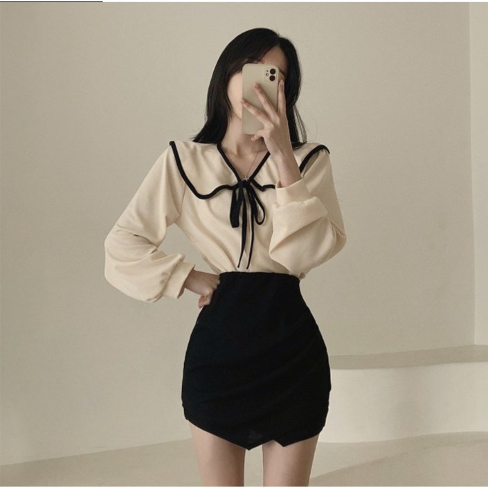 ANYOU 봄 가을 긴팔  리본 여성 블라우스 쉬폰 V넥 베이직 블라우스