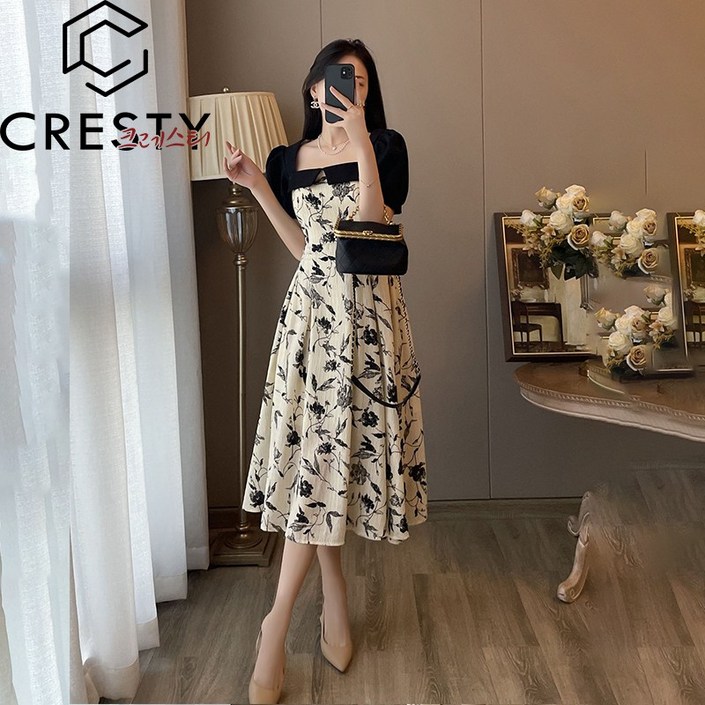크레스티 플라워 배색 퍼프 롱 원피스 주름 플레어 기본 여름원피스