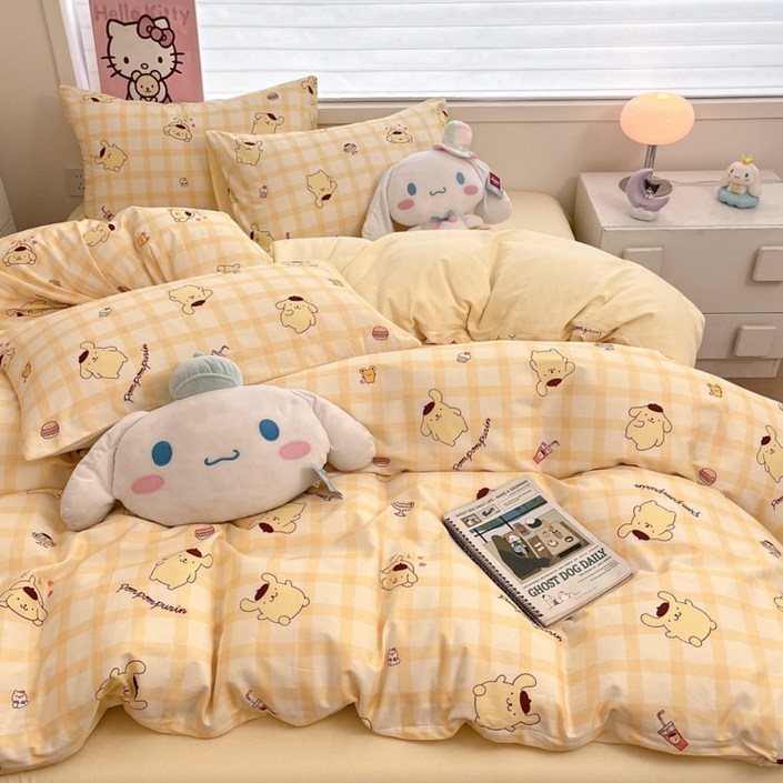 산리오 정품 폼폼푸린 체크 이불커버 매트리스커버 베개커버 침구세트 에프식스