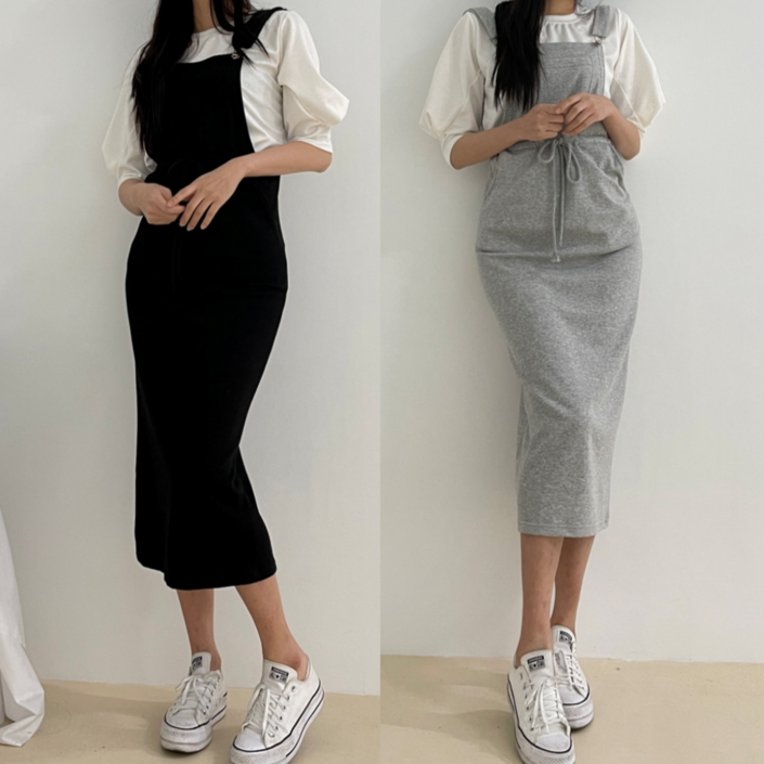 에이스토리 캐주얼 포켓 멜빵 원피스 쭈리 면 롱스커트