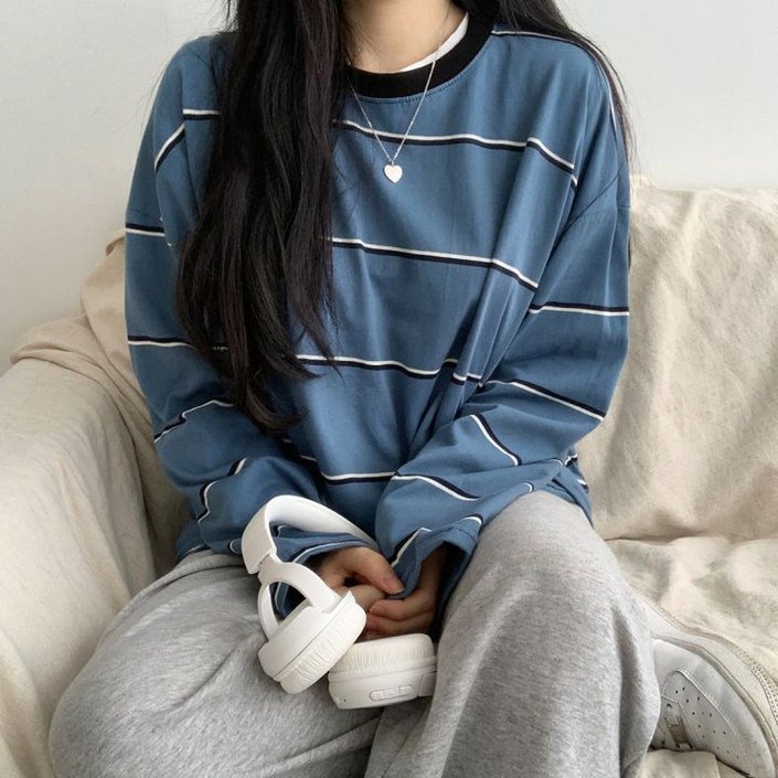 탑트레일 여성 빅사이즈 큰스트라이프 얇은 긴팔티 오버핏 캐주얼 편안한옷