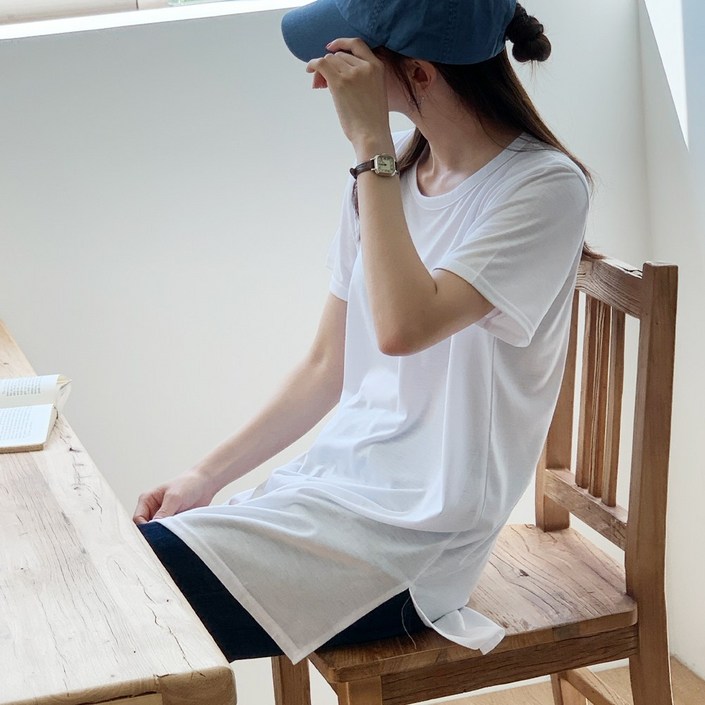 앤샵 반팔티셔츠 언발란스 레이어드 옆트임 롱 티셔츠 무지티 이너티 롱티 3color