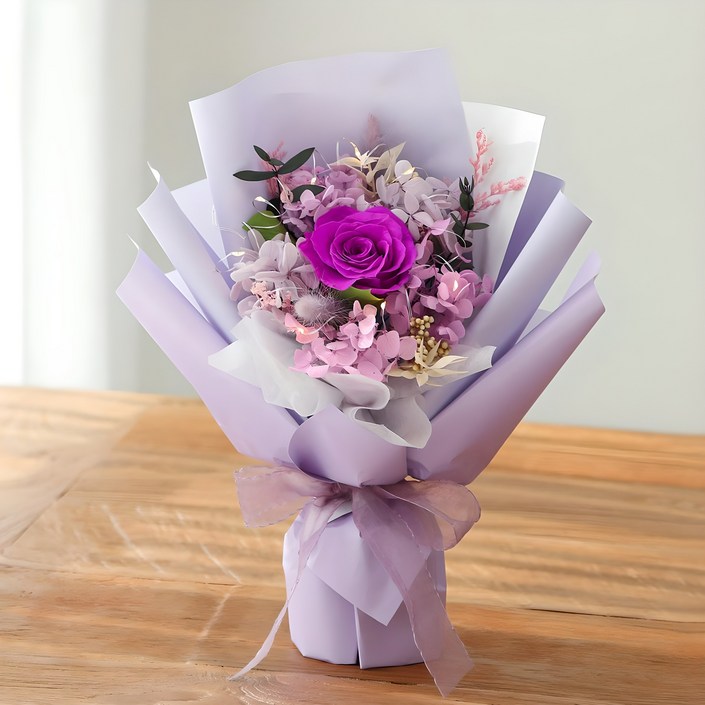 뷰티풀데코센스 생화 프리저브드 LED전구 꽃다발  핸들 케이스 세트, 퍼플, 1개
