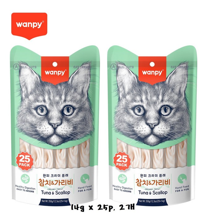 완피 크리미 퓨레 14g x 25p x 2봉, 짜먹는 고양이 츄르 간식, 14g 50개, 350g, 2개, 참치&가리비