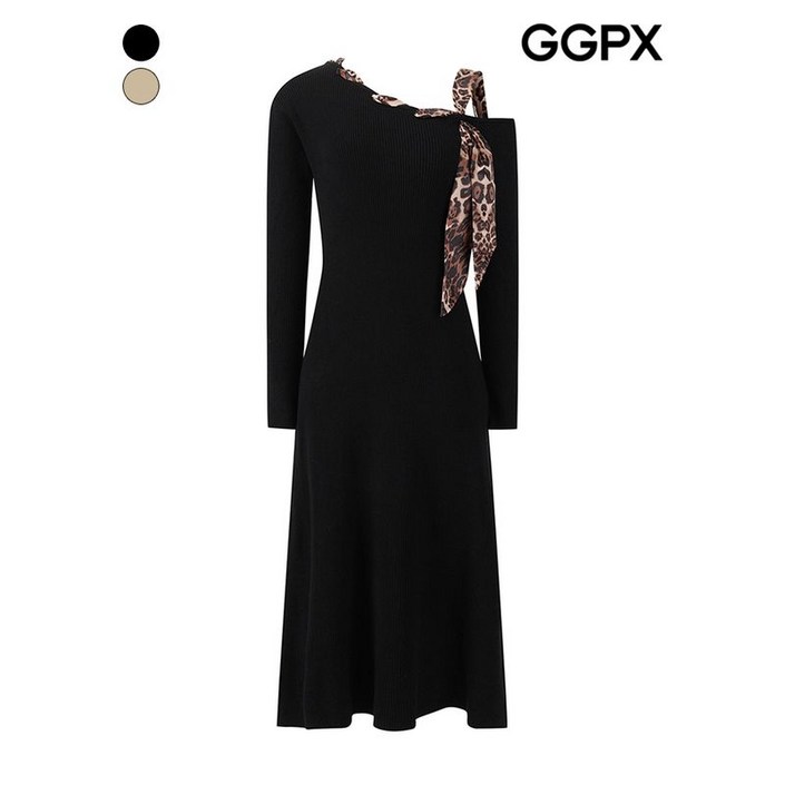 GGPX 레오파드 원 포인트 숄더 끈 니트 원피스 GPBOP013F