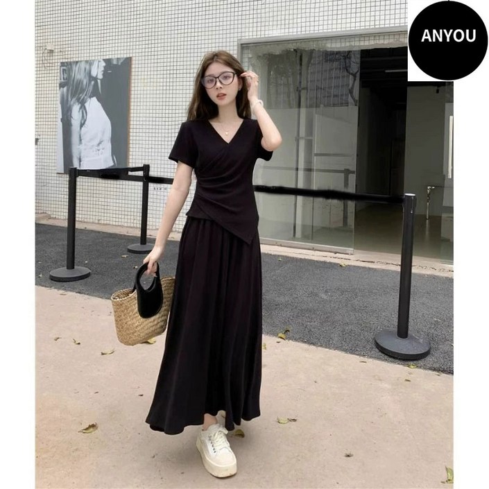 ANYOU 여성 세트 여름 반팔 상의스커트 세트