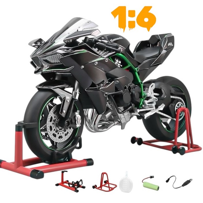 yono 가와사키 1:6 H2R 다이캐스트 시동 구동 가능 바이크 오토바이 모델, 블랙, 1개