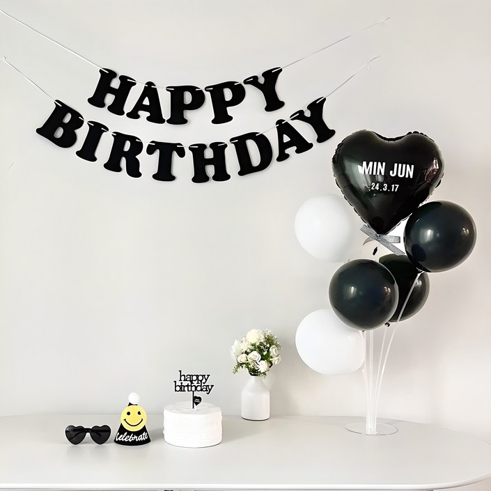 연지마켓 생일가랜드 생일 파티 용품 세트 하트 풍선 자유레터링, 1세트, 블랙가랜드
