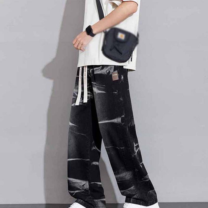 AOKADA 남성 오버핏 데님 팬츠 밴딩 타이다이 일자 통 청바지