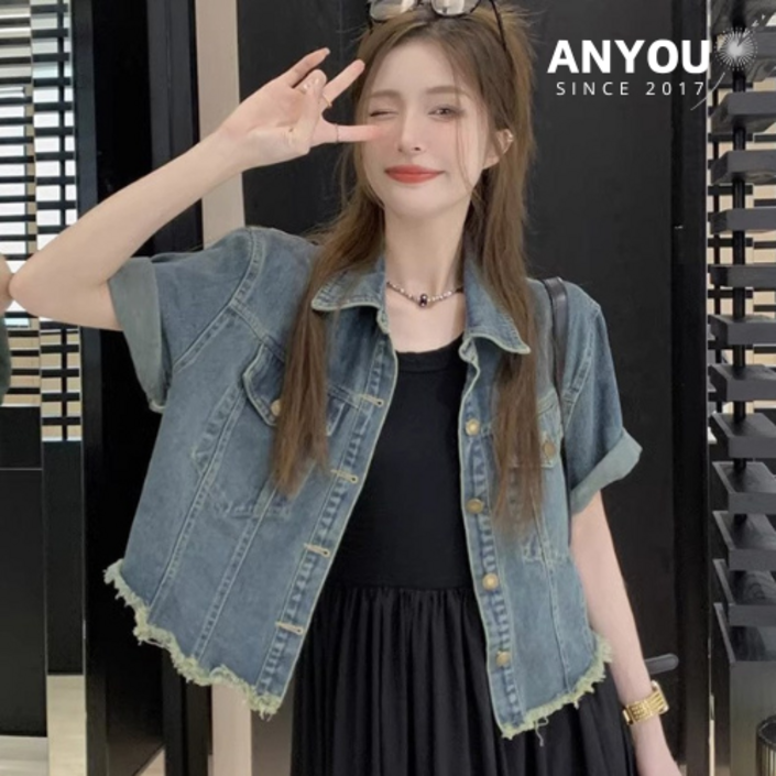 ANYOU 여성 데님 순면 코트 여름 슬림 반팔 키작녀 청재킷