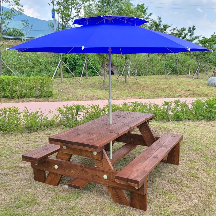 미엔우드 정품형 야외 원목 테이블 세트 야외용 평상 벤치 탁자 파라솔 4인 무도색