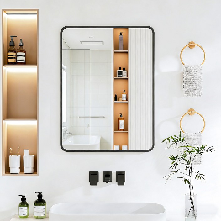 뷰티피크 라운드형 벽거울 화장대거울 욕실거울 강화안전유리, 블랙60cm