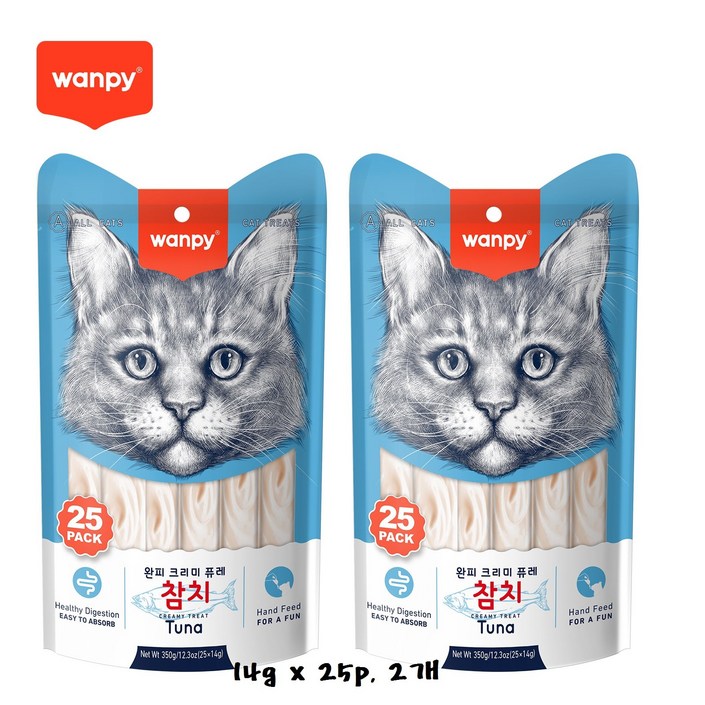 완피 크리미 퓨레 14g x 25p x 2봉, 짜먹는 고양이 츄르 간식, 14g 50개, 참치, 350g, 2개