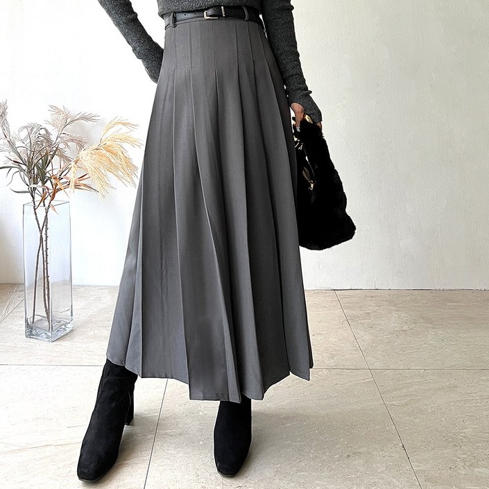 네모엔룩 롱핀턱플리츠 여성용 허리핀턱 주름A라인 벨트세트 롱 스커트. 스커트벨트 총 2종