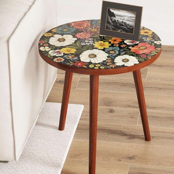 윈프라이스 레트로 꽃무늬 플라워 원형 사이드 테이블