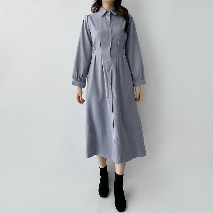 여리핏 데이지클로젯 나미 핀턱 카라 셔츠 롱원피스  봄 가을 겨울 두꺼운 긴팔 단추 플레어 원피스 여성 여자 심플 기본 무지 데일리룩 직장인 오피스룩
