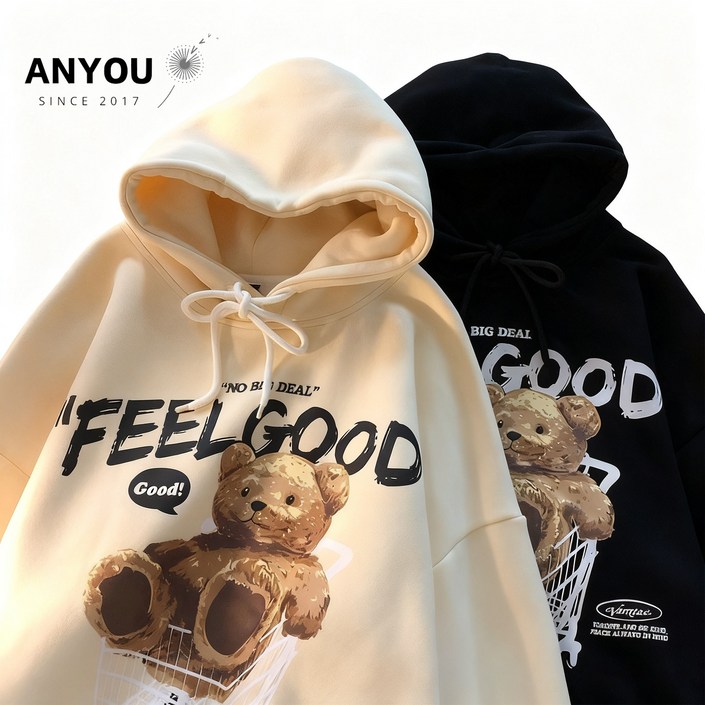 ANYOU  곰돌이 커플 후드티 루즈핏 가을 겨울 커플후드티 남녀공용 맨투맨