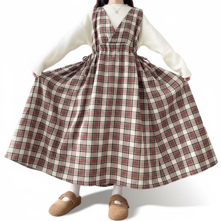 55-120 빅사이즈 가을 겨울 타탄 체크 뷔스티에 롱원피스 스트링 조절