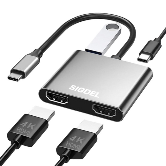 시그델 C타입 C TO HDMI 4in1 듀얼 모니터 2대 확장 3분할 연결 화면 분배기 4K 멀티 USB 3.0 PD90W 노트북 컴퓨터 젠더 허브 M-01, 메탈실버, 1개