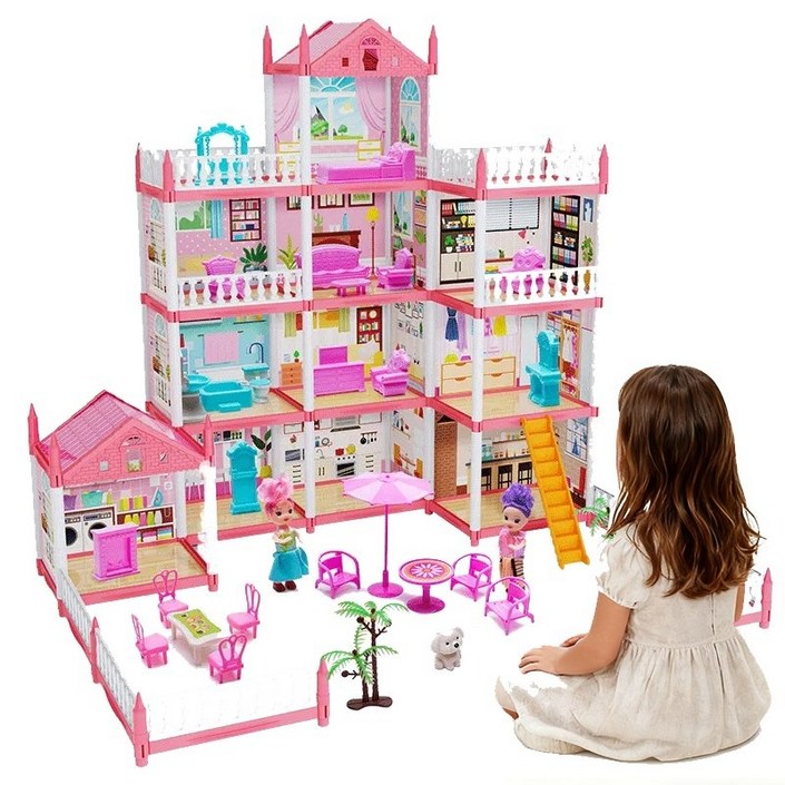 럭셔리 공주 성 인형의 집 세트  여아 침실 역할놀이 어린이 생일선물 36세, 1개, 분홍색