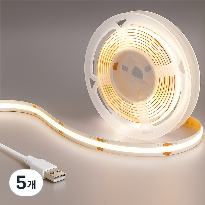 원그리드 USB COB LED 스트립 줄조명 5m 터치 밝기조절 플렉시블, 5개, 주광색