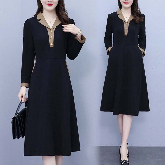 AOKADA 여성 봄 가을 배색 브이넥 카라 정장 하객룩 오피스룩 슬림 원피스