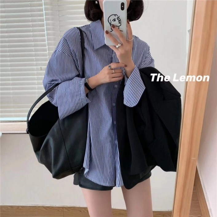 스트라이프 줄무늬 카라 여성 긴팔 셔츠