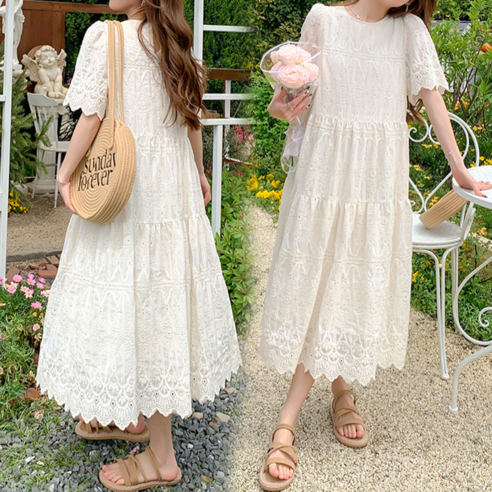 JQS 빅사이즈 2XL 하객 자수 레이스 롱 원피스 1168