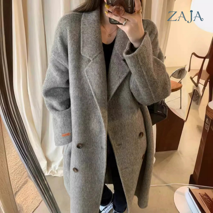 ZAJA 여성 가을 겨울 케쥬얼 루즈핏 롱 트렌치코트 고퀄리티 울혼방 울 코트