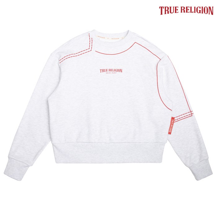 TRUE RELIGION 패턴 라인 아트 크루넥 맨투맨 화이트멜란지