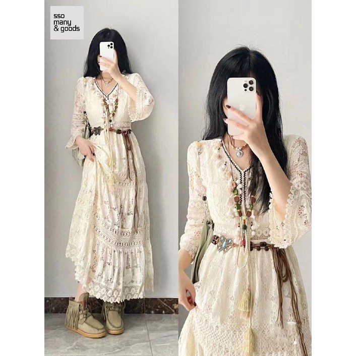 여성 캐주얼 롱 원피스 보헤미안 수술 에스닉 부클 레이스 플레어 펀칭 레이스 루즈핏 가을