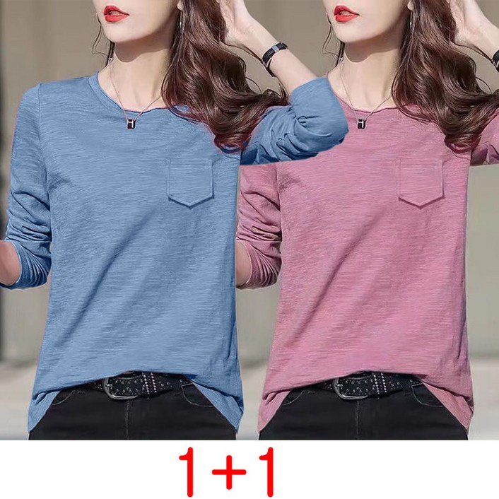 1+1 봄 가을 여름 긴팔티 면티 여성면티셔츠 투피스 슬라브 긴팔 티셔츠 빅사이즈 루즈핏