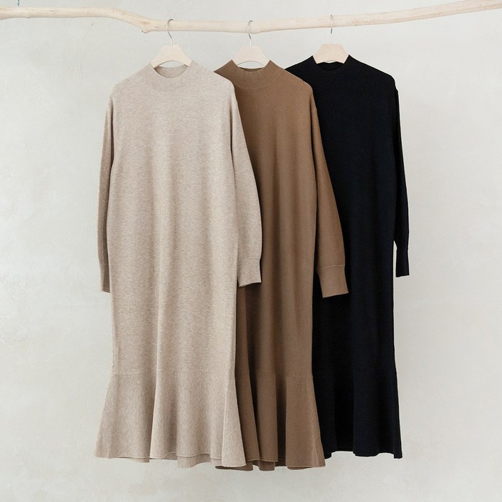 니트코어 여성 루즈핏 여유 따뜻한 하이넥 반목 폴라 플레어 긴팔 니트 롱원피스 임산부원피스 임부복 등하원룩 하객룩