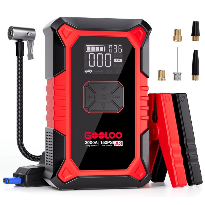 GOOLOO A3 3000A 점프스타터 올인원 에어점프 보조배터리 긴급시동 점프스타터스마트 점프 케이블 파우치백 12000mAH, 블랙, 1세트