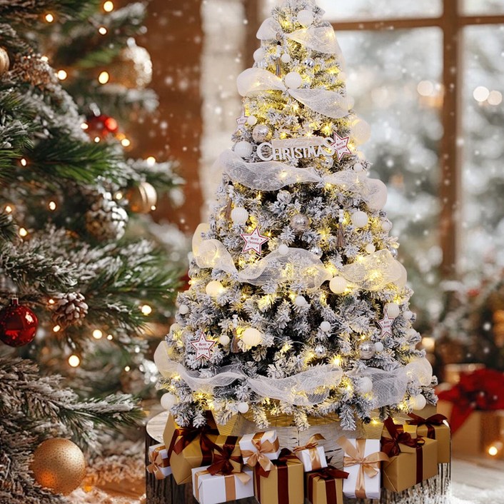 고품질 레트로 미니 크리스마스트리 세트, 받침대, LED 조명 및 다양한 정교한 장식품 포함. 거실, 쇼핑몰 등 실내외 장소에 적합합니다. 트리 본체는 모두 녹색,140cm, 샴페인와인 풀세트