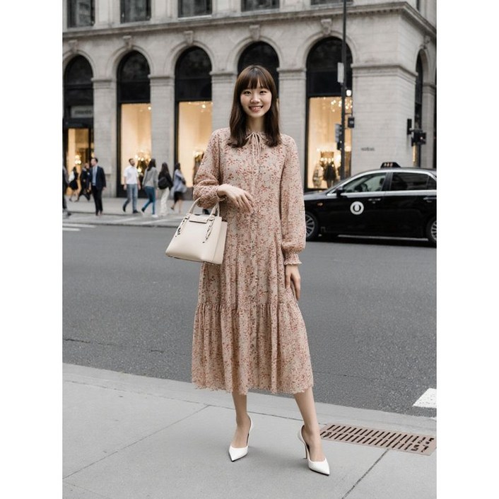 씨 아이보리프린트 프릴넥 드롭웨이스트 원피스 SHOAI9596