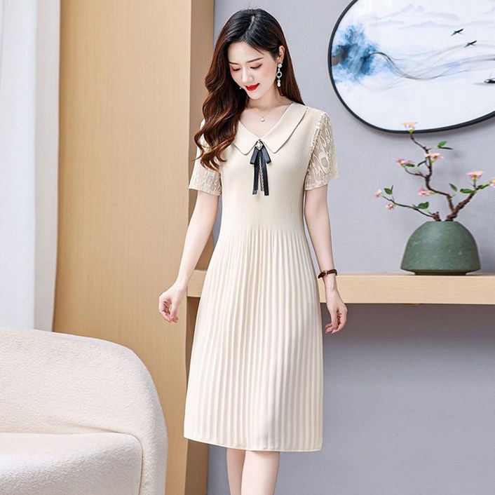 ROYALBELLE 여성 주름 브이넥 반팔 원피스 레이스 소매 슬림핏 중년 여성 미디 원피스 V032592