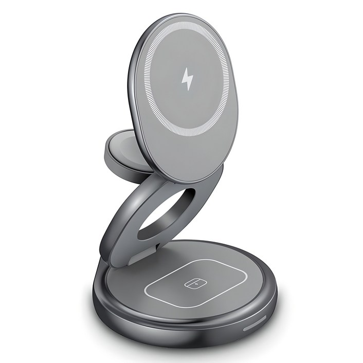 만렙 3in1 휴대용 접이식 무선 충전기, 그레이, 1개