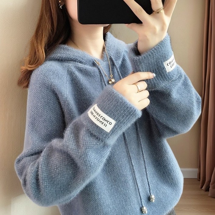 여성용 봄 가을 데일리 긴팔 루즈핏 스웨터 따뜻한 후드 니트