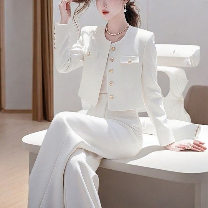 FANSYLI 여성 정장 세트 고급 하객룩 숏 정장 재킷조끼하이웨이스트 정장 바지 3종 세트 봄 가을 심플 캐주얼 통근 세트 면접룩 오피스룩 XR2512D15