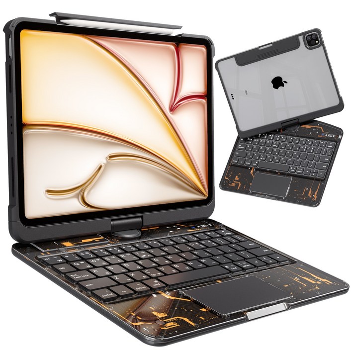 AITEWO 아이패드 매직키보드 케이스 펜슬 수납 360도회전 일체형 각도조절 투명 백라이트 터치패드 에어7654321세대 프로1110.91312.9인치, 투명 블랙, 아이패드 프로 7세대 M4 13인치, 1개