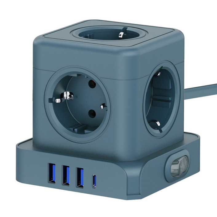 티메코 20W 고속충전 5구 멀티탭 TMC10 SF코팅 큐브 디자인 C타입 USB 1.8M 전선형, 1개, 블루, 1.8m
