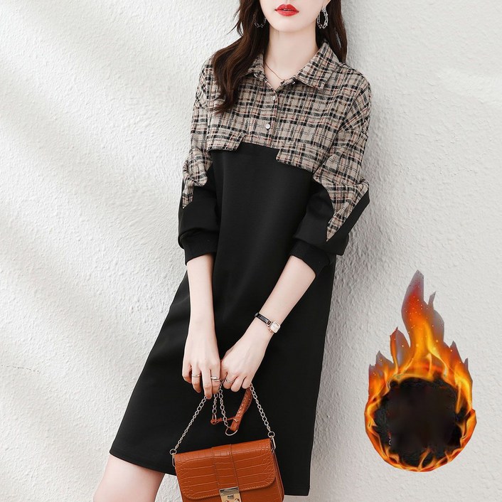 FEIJUN 여성 봄가을 칼라 체크 패치 긴팔 원피스 심플 통근 셔츠 스커트 316A