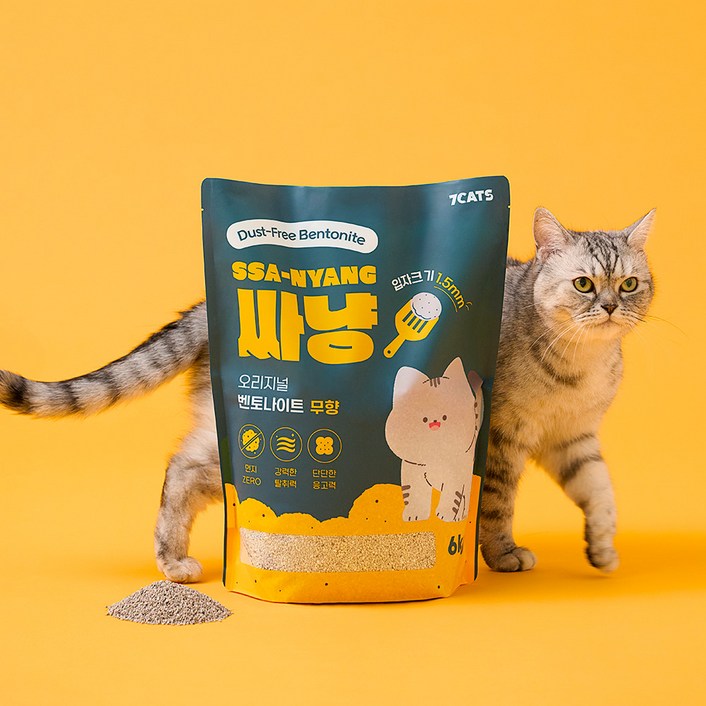 먼지없는 7CATS 싸냥 프리미엄 벤토나이트 고양이모래 무향 6kg x 3개 + 숨숨집 패키지, 18kg, 1세트, 무향