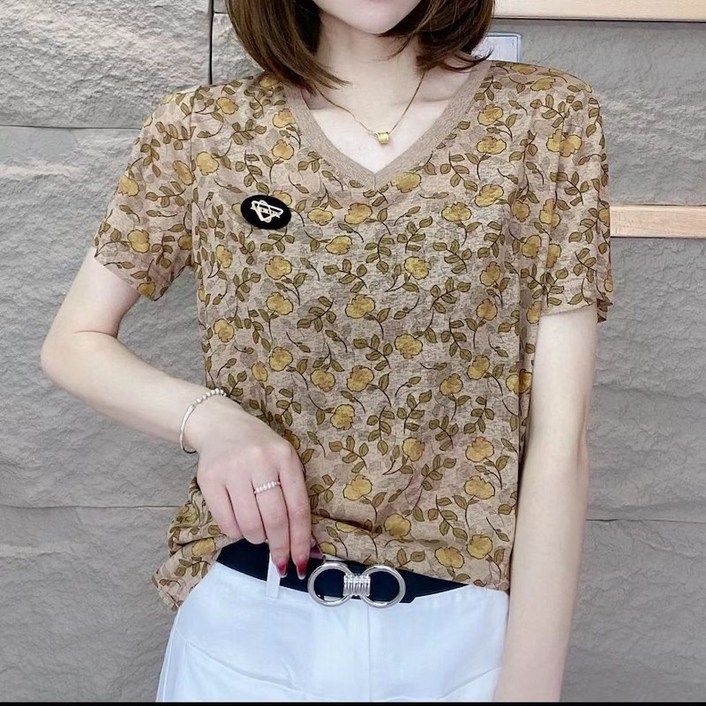 [딜마켓] 로젠타상의 / 여성 패턴 브이넥 반팔 티셔츠 상의