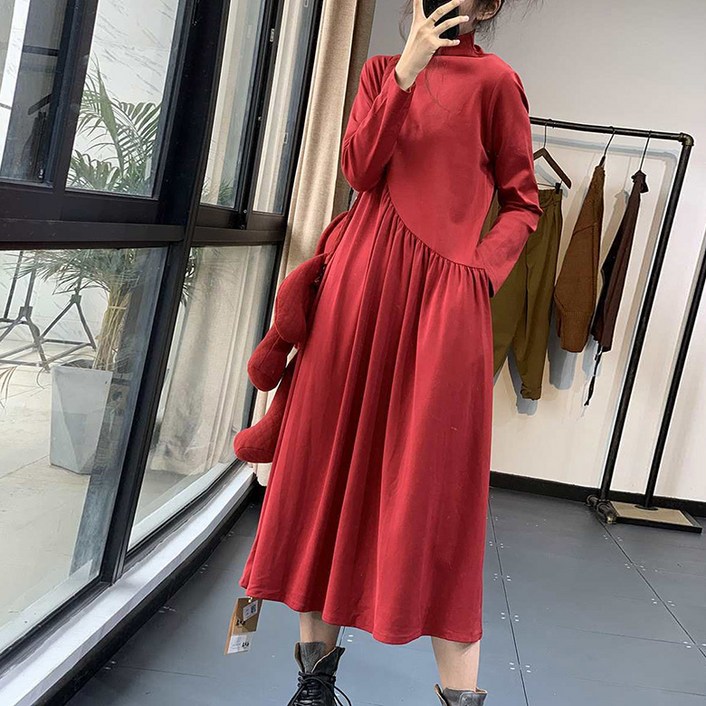 POMTOR 봄가을 여성 캐주얼 루즈핏 솔리드 반폴라 미니멀 긴팔 롱 원피스 이너